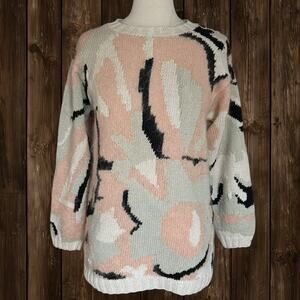 Hand Knit Abstract 80ties Sweater Jennifer Reed Sz M Ivory Black w Pink Mohair